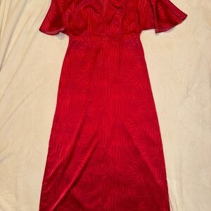 Fe Noel Women's Palm Leaf Print Exaggerated Flutter Sleeve Maxi Dress Sz 10 Red